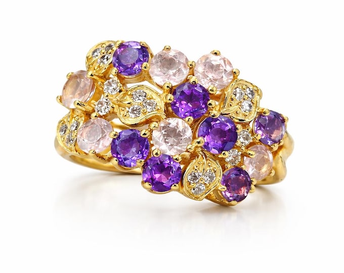 Amethyst Pink Topaz Cluster Ring, Sterling Silver Statement Cocktail Ring