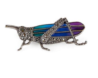 Art Nouveau Inspired Enamel Plique a Jour Grasshopper Marcasite Brooch 925 Sterling Silver