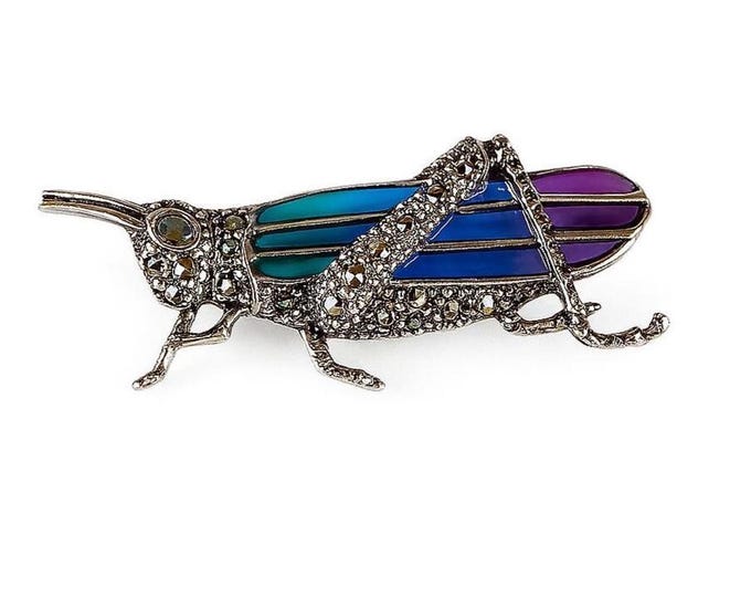 Art Nouveau Inspired Enamel Plique a Jour Grasshopper Marcasite 925 Sterling Silver