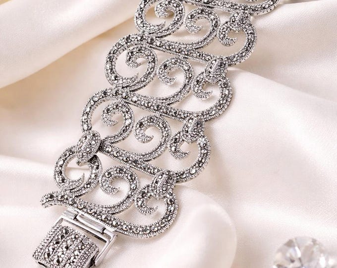 Vintage Art Deco Marcasite Bracelet, 925 Sterling Silver Link Jewelry
