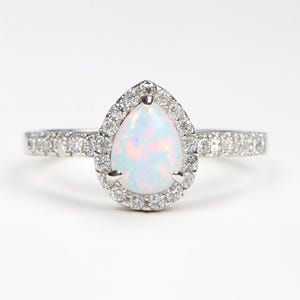 White Gilson Opal and CZ Teardrop Diamond Ring 925 Sterling Silver
