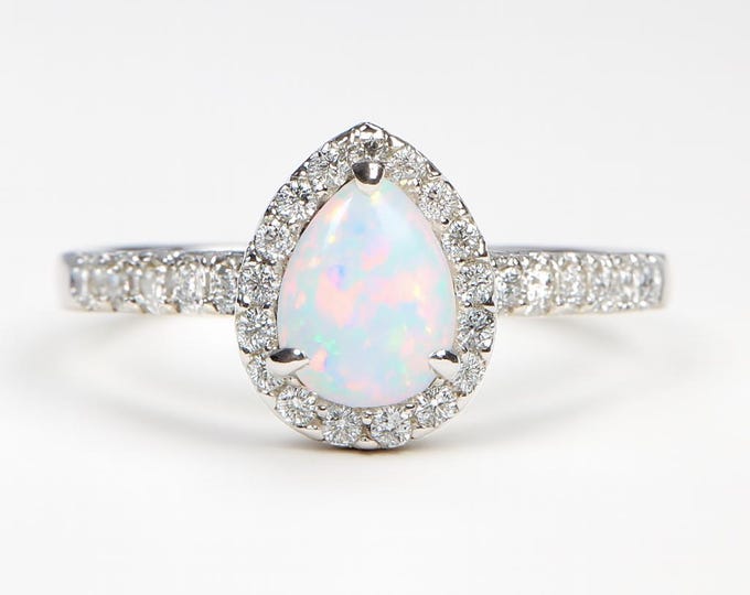 White Gilson Opal and CZ Teardrop Diamond Ring 925 Sterling Silver