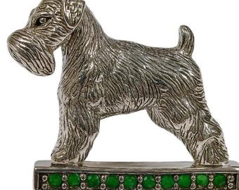Vintage Sterling Silver Schnauzer Brooch, Emerald Green Accents, Dog Lover Gift