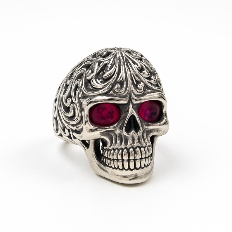 Art Nouveau Large Skull Ruby Eyes Ring 925 Sterling Silver Hallmarked ...