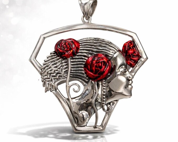 925 Sterling Silver Art Nouveau Lady Pendant Red Rose Hair Detail Elegant Statement Jewelry