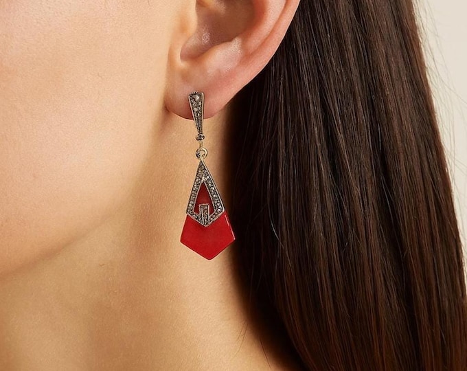 Art Deco Red Coral Drop Earrings 925 Sterling Silver with Marcasite, Vintage Style Dangle Jewelry