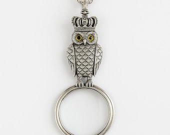Antique Inspired Collectable Crown Owl Magnifying Glass Pendant 925 Sterling Silver