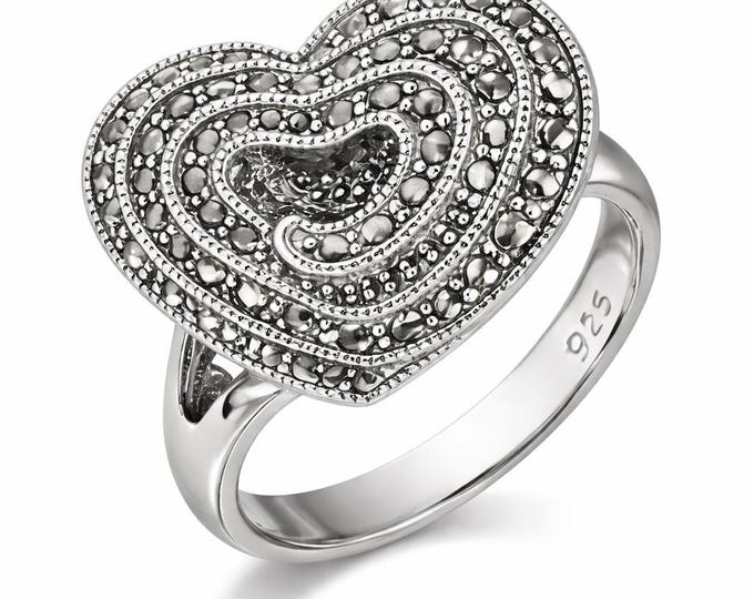 Vintage Marcasite Heart Ring, 925 Sterling Silver Triple Layer