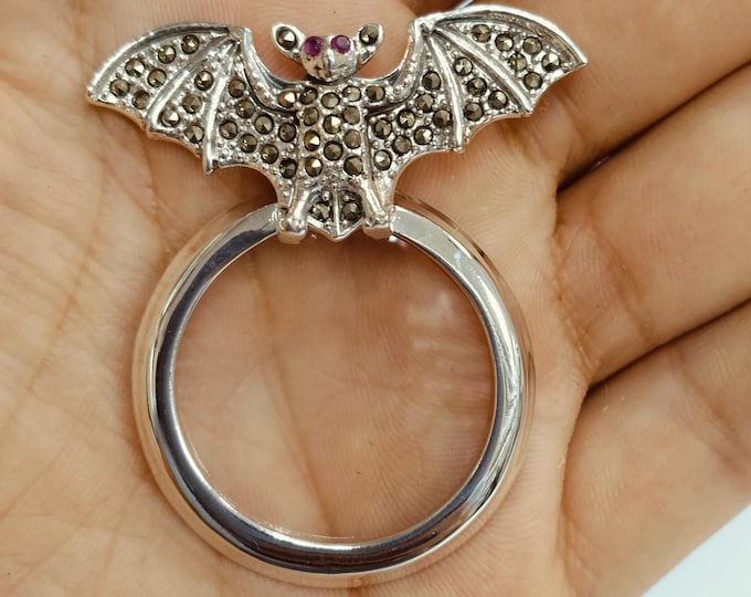 Antique Inspired Collectable Ruby and Marcasite Bat Magnifying Glass 925 Sterling Silver