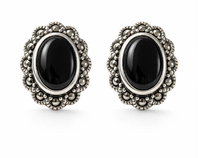 Art Deco Onyx and Marcasite 925 Sterling Silver Stud Earrings