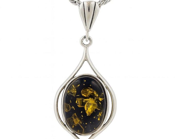Green Amber Tear Drop Pendant 925 Sterling Silver