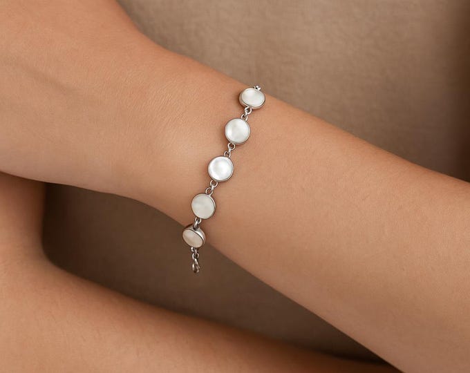 Art Deco Sterling Silver Bracelet with Mother of Pearl Round Gemstones Vintage Style Jewelry