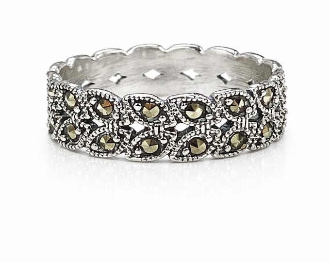 Vintage Style Sterling Silver Ring with Marcasite Accents Art Deco Statement Jewelry