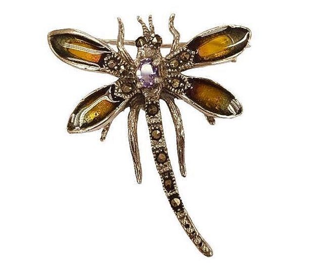 Antique Inspired Amethyst and Marcasite Brooch 925 Sterling Silver