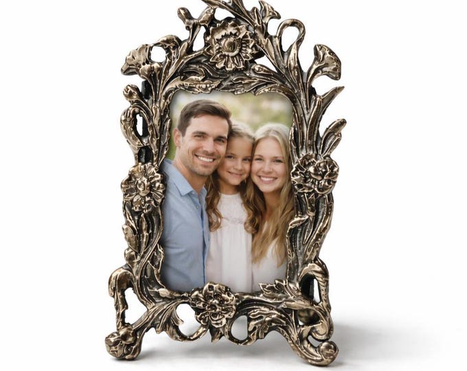 Sterling Silver Mini Photo Frame, Floral Antique Finish, Family Keepsake