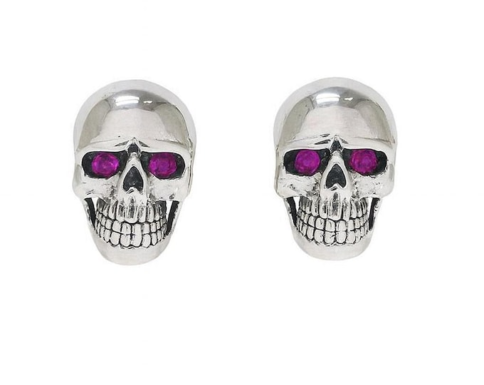 Skull Ruby Eyes Stud Earrings 925 Sterling Silver Hallmarked
