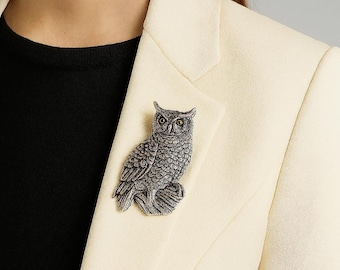 Antique Inspired Owl Glass Eye Brooch Pendant 925 Sterling Silver