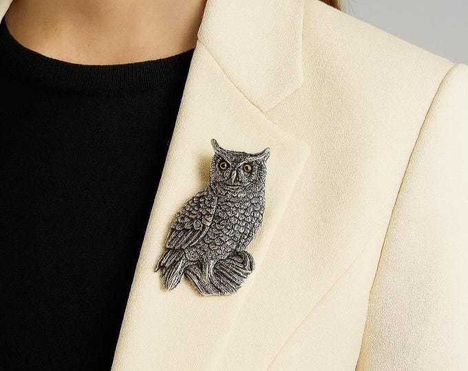 Antique Inspired Owl Glass Eye Brooch Pendant 925 Sterling Silver