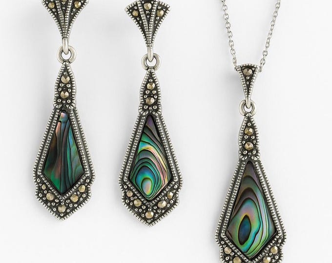 Art Deco Sterling Silver Abalone & Marcasite Jewelry Set