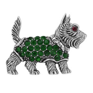 Antique Inspired Ruby and Emerald Scottie Dog Brooch 925 Sterling Silver Dog Lover Gift