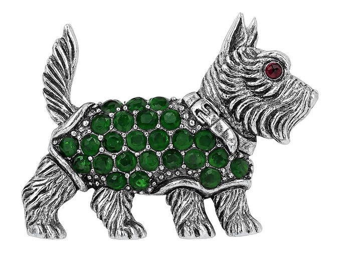 Antique Inspired Ruby and Emerald Scottie Dog Brooch 925 Sterling Silver Dog Lover Gift