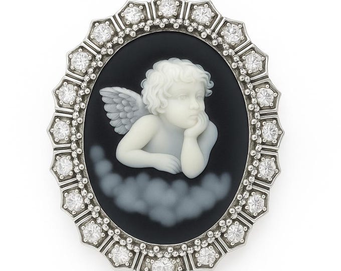 Vintage Style Silver Plated Cameo Pendant Necklace Oval Cupid with Marcasite and CZ Accents Victorian Inspired Statement Jewelry