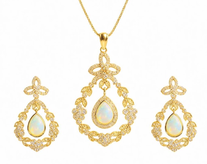 Gold Plated Gilson Opal Cubic Zirconia Earrings and Pendant Set 925 Sterling Silver Hallmarked