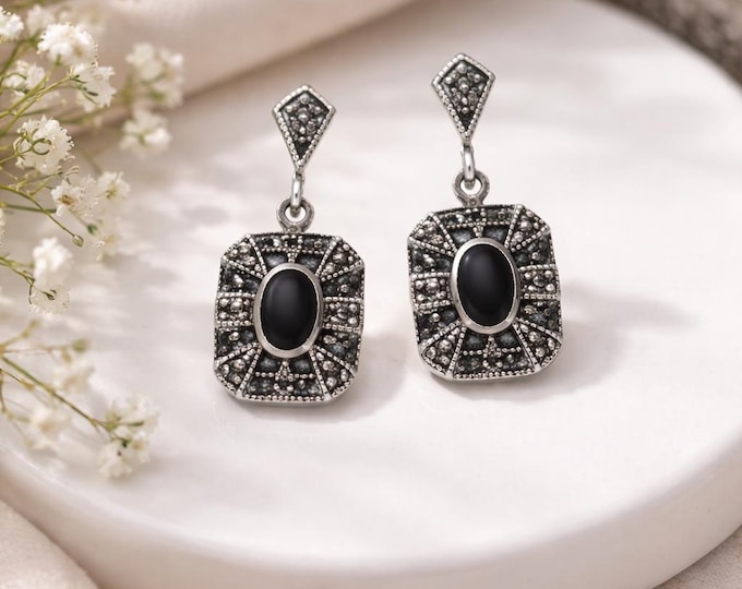 Art Deco Inspired Onyx and Marcasite Earrings 925 Sterling Silver Vintage Style Dangle Jewelry