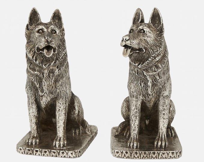 Vintage Silver Plate German Shepherd Salt and Pepper Shakers Dog Figurine Collectible Tableware, Antique Canine Decor Gift