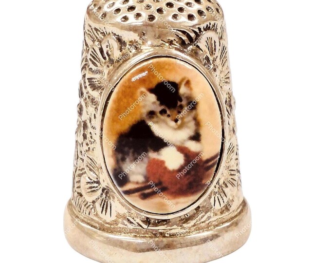 Antique Inspired Kitten Cat Enamel Floral Thimble 925 Sterling Silver
