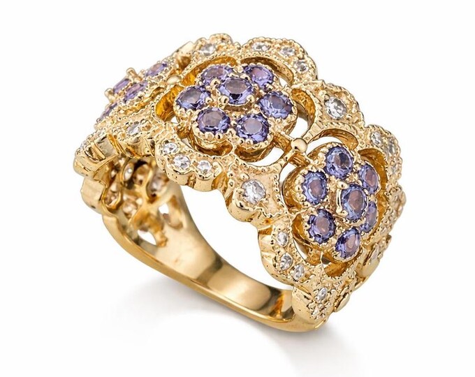 Vintage Tanzanite Diamond Floral Wide Band Ring 14K Filigree Yellow Gold
