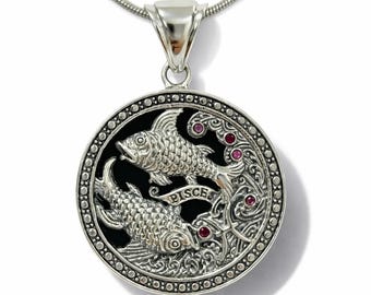 Astrology Horoscope Pisces Ruby Zodiac Sign Pendant 925 Sterling Silver Gift