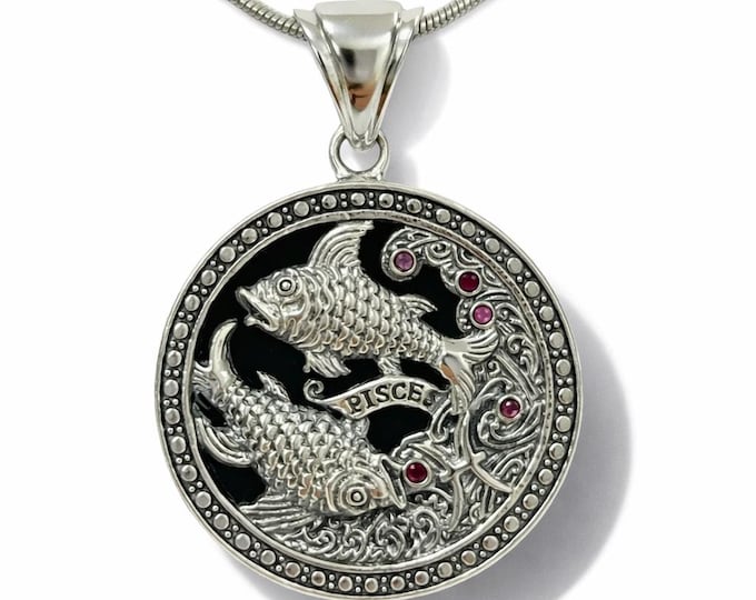 Astrology Horoscope Pisces Ruby Zodiac Sign Pendant 925 Sterling Silver Gift