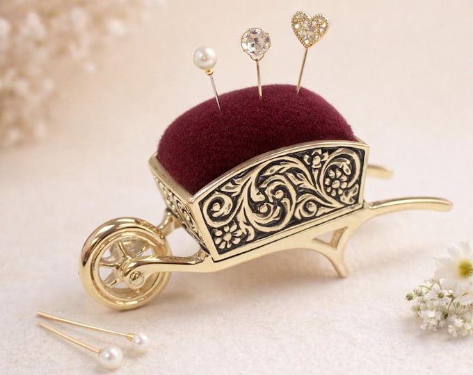 Vintage Style Silver Plated Wheelbarrow Pin Cushion with Velvet Sewing Accessory, Dressmaker Gift