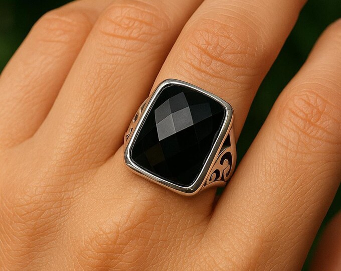 Art Nouveau Inspired Filigree Black Onyx Statement Ring 925 Sterling Silver Hallmarked Gift for Her