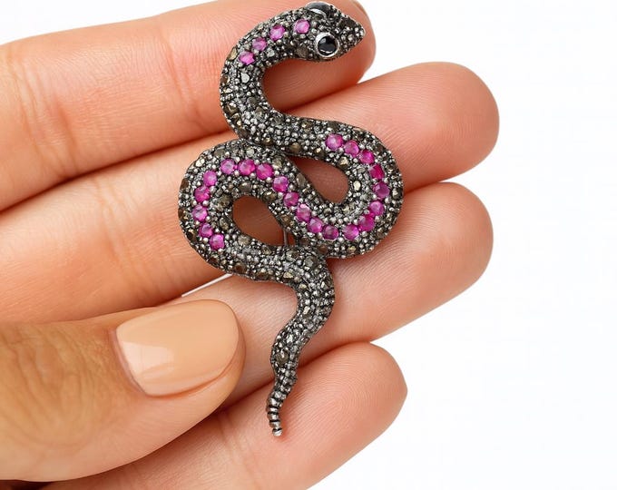 Antique Style Ruby, Emerald and Marcasite Snake Brooch 925 Sterling Silver