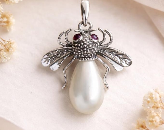 925 Sterling Silver Bee Pendant with Pearl and Ruby Eyes Vintage Style Insect Necklace Nature Inspired Jewelry