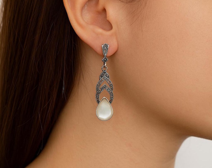 925 Sterling Silver Dangle Earrings with Mother of Pearl Teardrop Stone Vintage Inspired Drop Earrings, Boho Statement Jewelry
