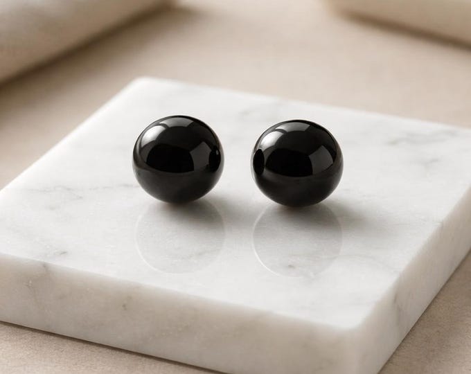 Onyx Ball Stud Earrings, 925 Sterling Silver