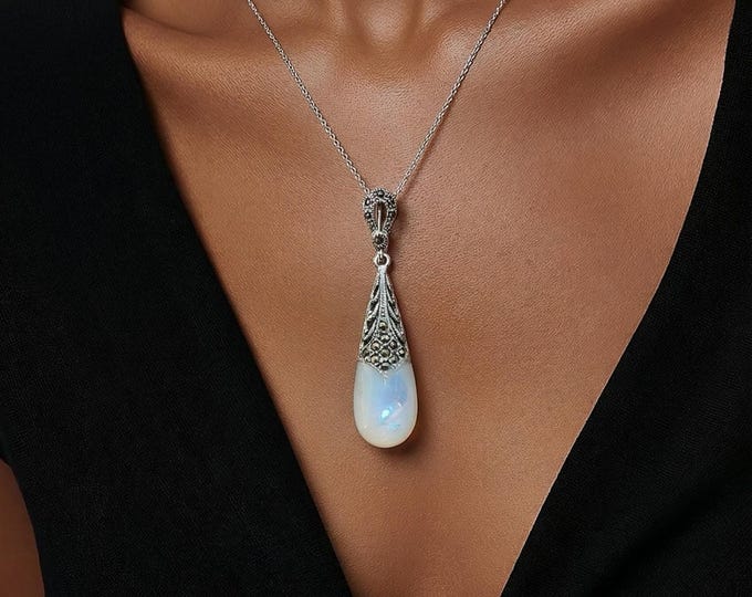 Art Deco Mother of Pearl, Abalone and Marcasite 925 Sterling Silver Pendant