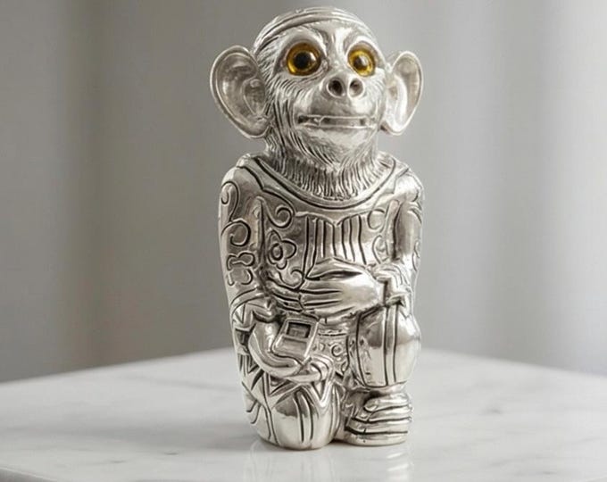 Vintage Style Silver Plated Monkey Pin Cushion with Velvet Sewing Accessory, Dressmaker Gift