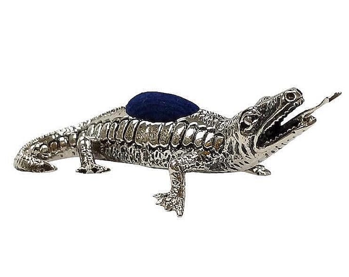 Sterling Silver Lizard Pin Cushion Antique Style Sewing Collectible with Blue Velvet Cushion