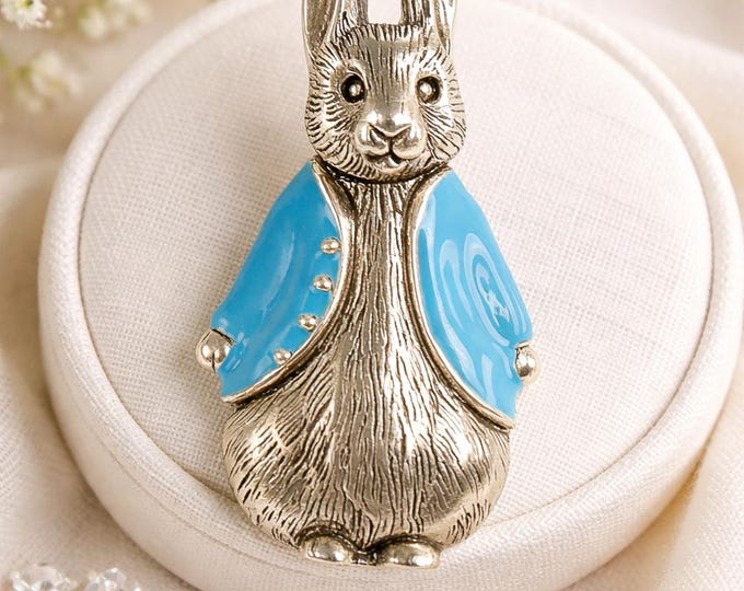 Victorian Rabbit Brooch Pendant, Blue Jacket, 925 Sterling Silver