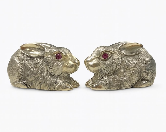 Antique Style Rabbit Ruby Eyes Salt and Pepper Shakers 925 Sterling Silver Plate