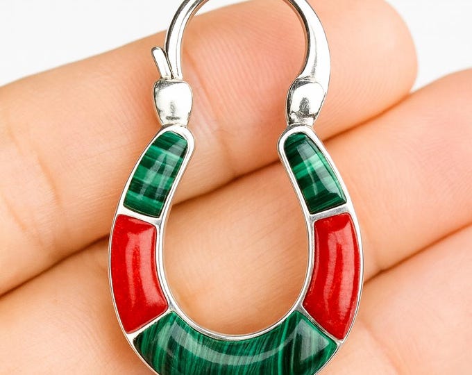 Sterling Silver Horseshoe Padlock with Malachite & Coral Inlay Lucky Charm Jewelry, Vintage Inspired Gemstone Accessory