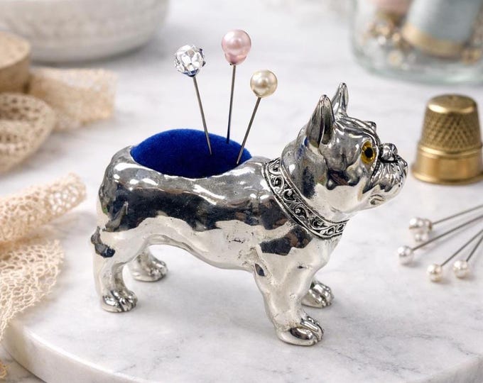 Silver Plated French Bulldog Pin Cushion Vintage Style Sewing Accessory, Dog Figurine Pincushion Gift