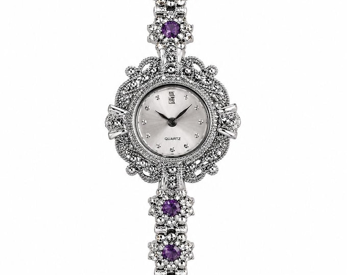 Vintage Style Sterling Silver Bracelet Watch, Cubic Zirconia Amethyst Gemstone