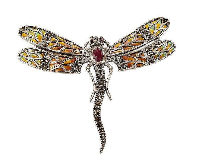 Antique Inspired Enamel Plique a Jour Marcasite Dragonfly Pendant and Brooch Ruby Sapphire 925 Sterling Silver