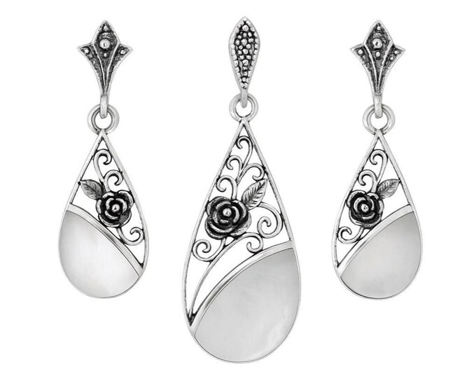 Art Deco Inspired Floral Mother of Pearl Set 925 Sterling Silver Earrings Pendant Set