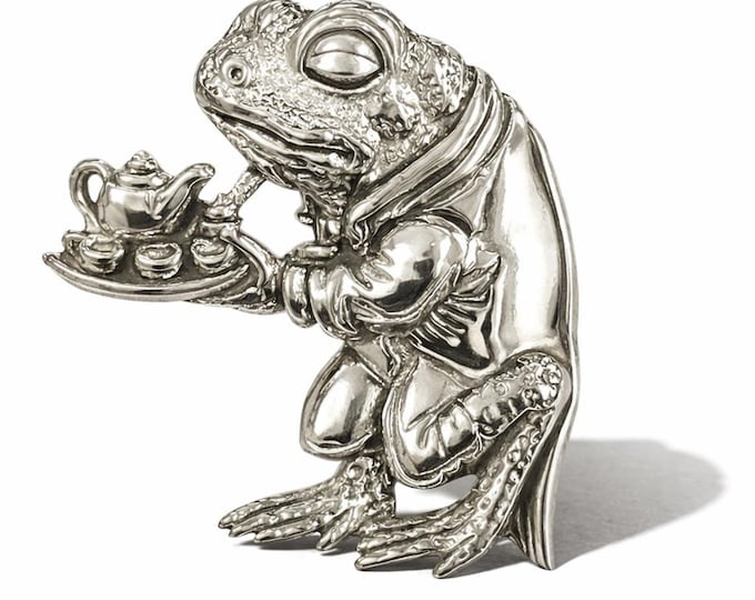 Victorian Style Frog Waiter Serving Tea Pin Brooch 925 Sterling Silver